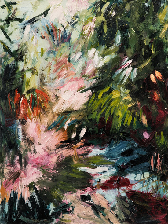 Pale pink blossoms and sharp green leaves emerge from a deep, shaded garden. Full artwork without a frame.