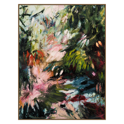 Wild Garden vertical artwork in a natural wood frame on a transparent background.