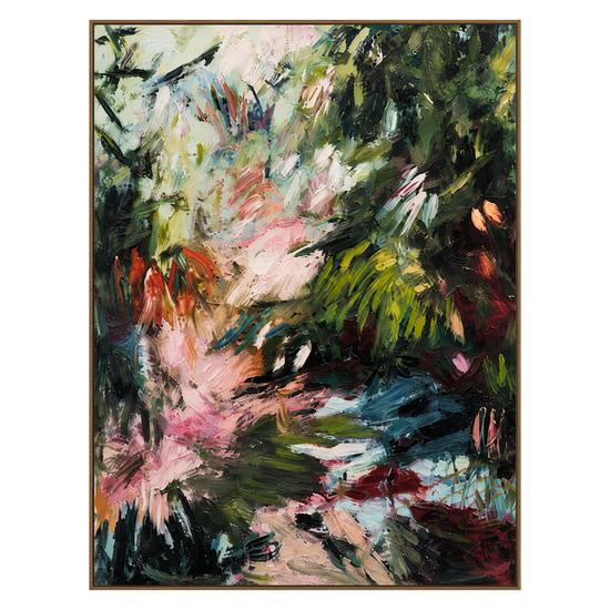 Wild Garden vertical artwork in a natural wood frame on a transparent background.