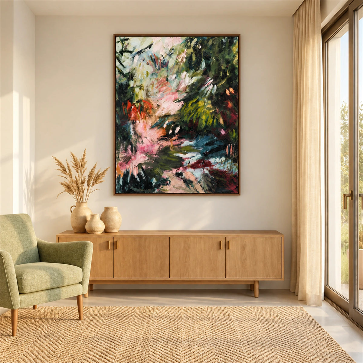 Wild Garden painting above a wooden sideboard beside a green armchair.