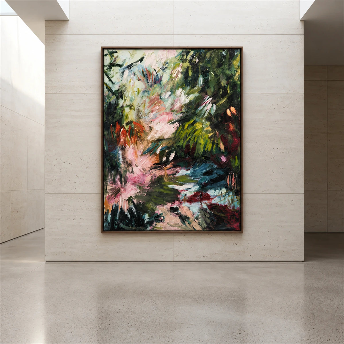 Wild Garden painting on a pale wall in a bright minimalist hallway.