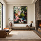 Wild Garden painting above a long wooden bench beside a stone fireplace.