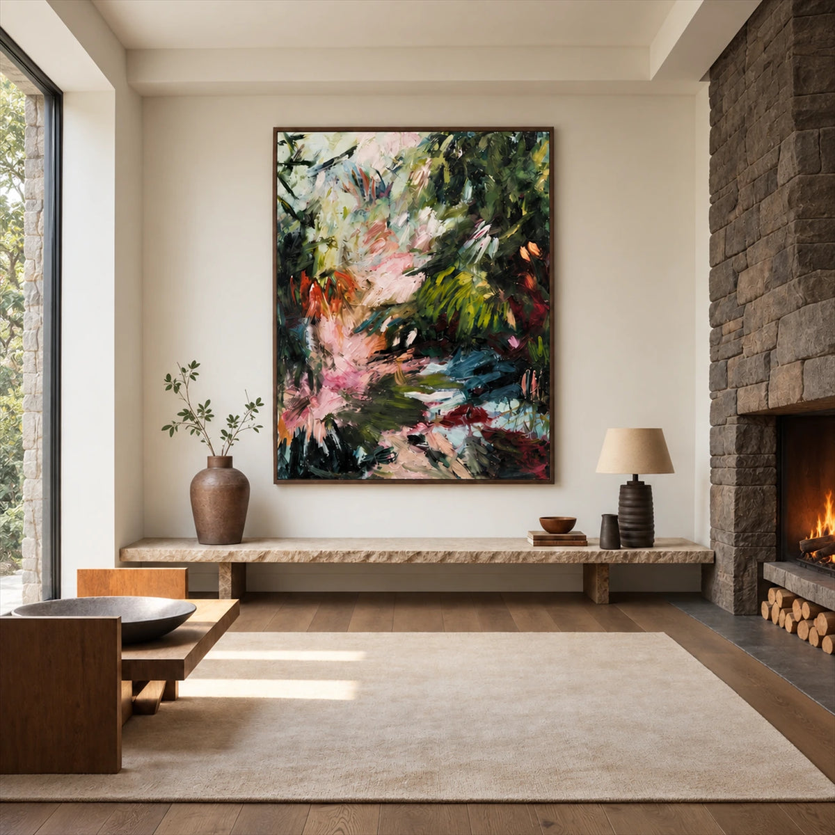 Wild Garden painting above a long wooden bench beside a stone fireplace.