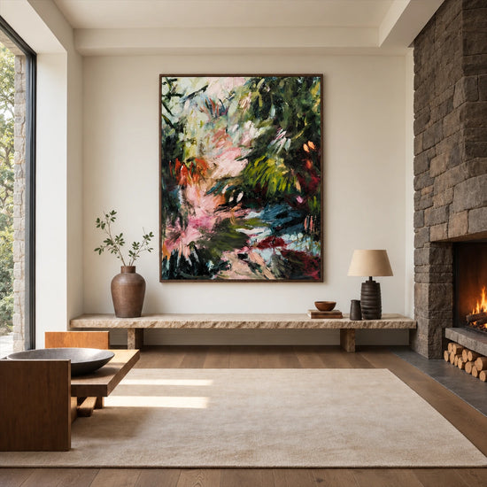 Wild Garden painting above a long wooden bench beside a stone fireplace.