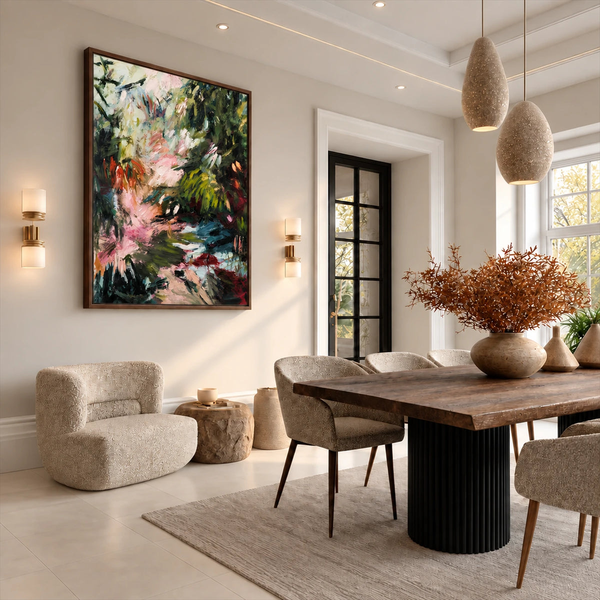 Wild Garden painting above pale seating beside a wooden dining table.