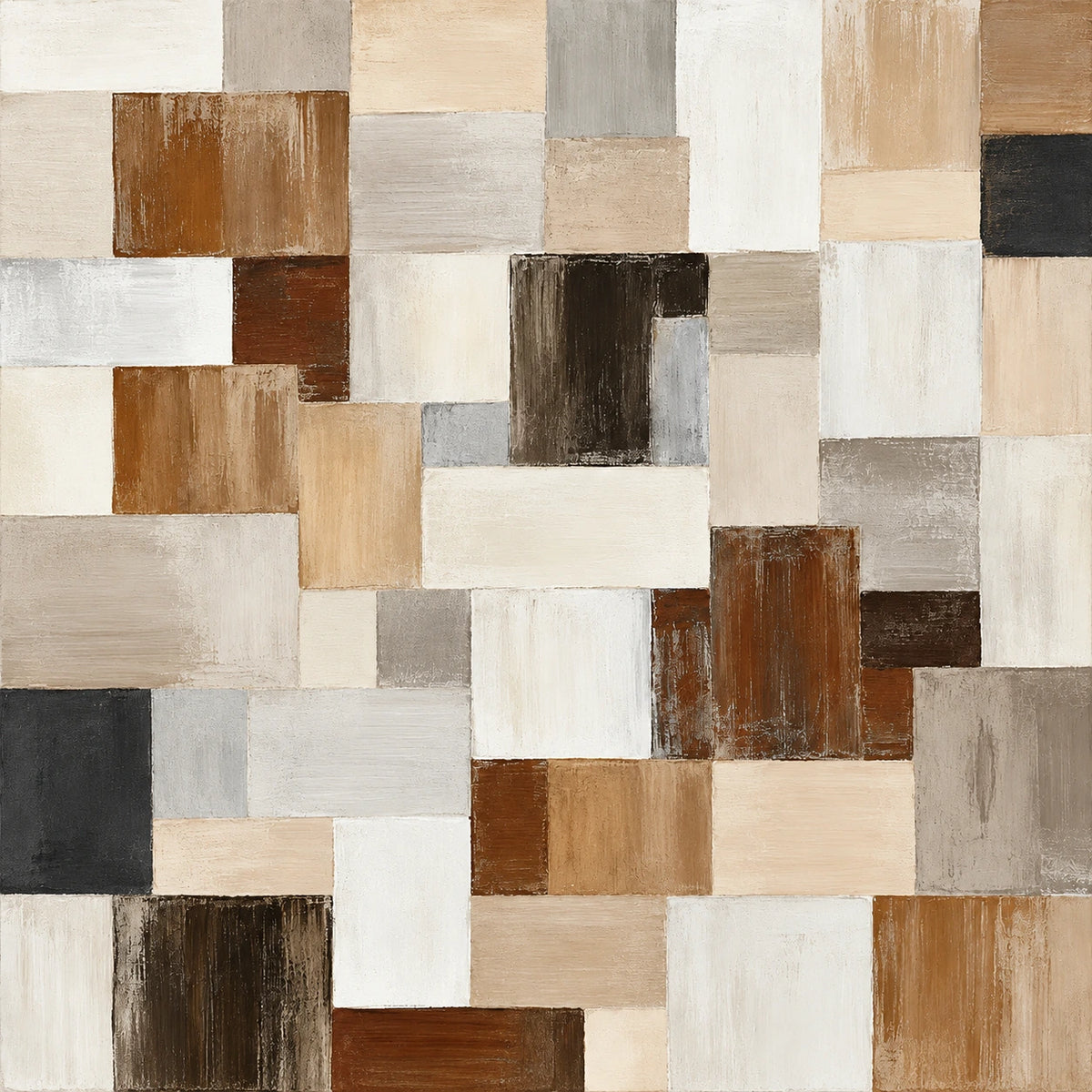 Interlocking rectangles of ivory, sand, warm brown and charcoal form a balanced patchwork across the square canvas. Full artwork without a frame.