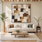 Timber Mosaic painting above a cream sofa beneath exposed ceiling beams.
