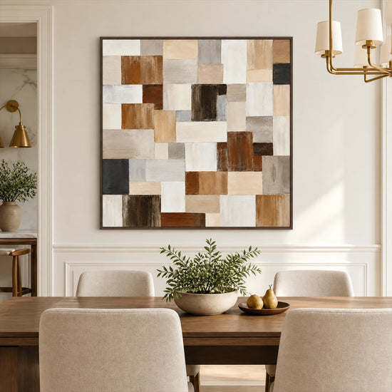 Timber Mosaic painting above upholstered chairs in a neutral dining room.