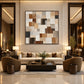 Timber Mosaic painting above a cream sofa in a warmly lit living room.