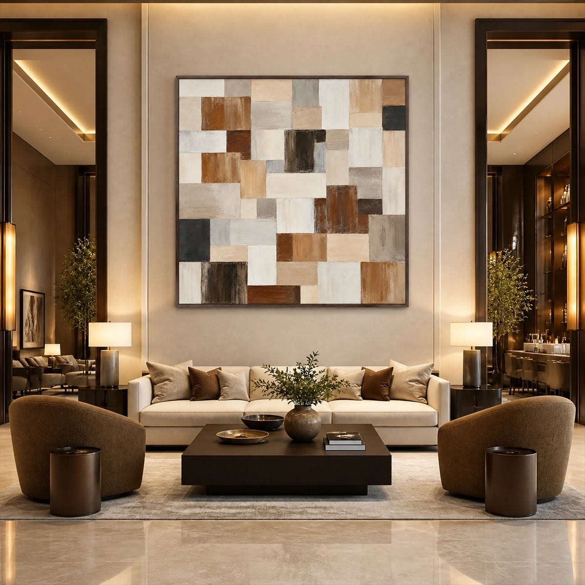 Timber Mosaic painting above a cream sofa in a warmly lit living room.