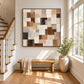 Timber Mosaic painting above a woven bench beside a staircase.
