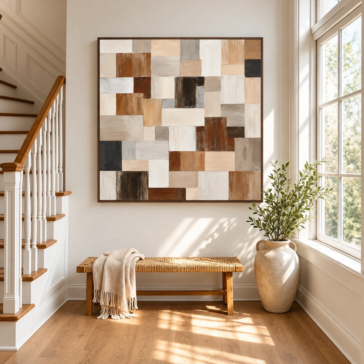 Timber Mosaic painting above a woven bench beside a staircase.