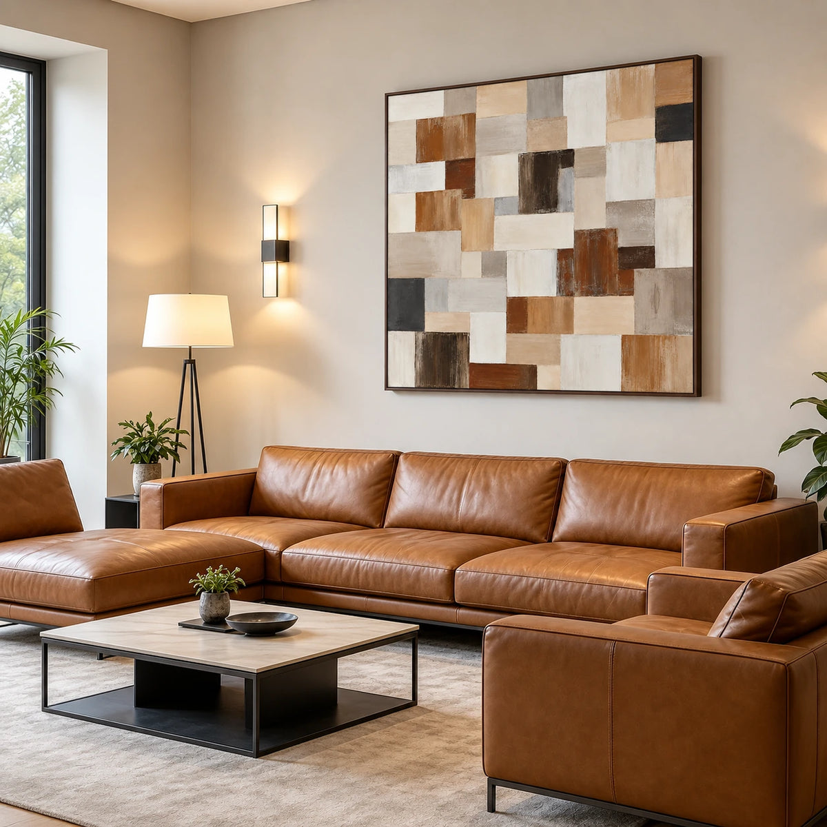 Timber Mosaic painting above a brown leather sectional in a bright living room.