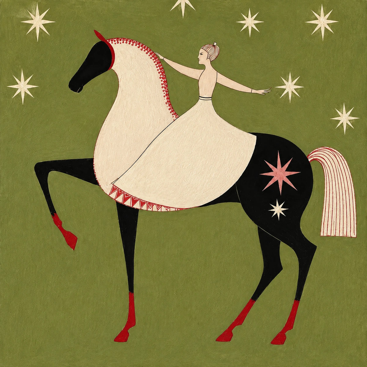 A cream-clad rider balances on a stylized horse beneath a scattering of pale stars. Full artwork without a frame.