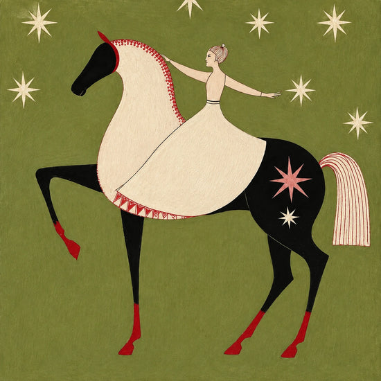 A cream-clad rider balances on a stylized horse beneath a scattering of pale stars. Full artwork without a frame.