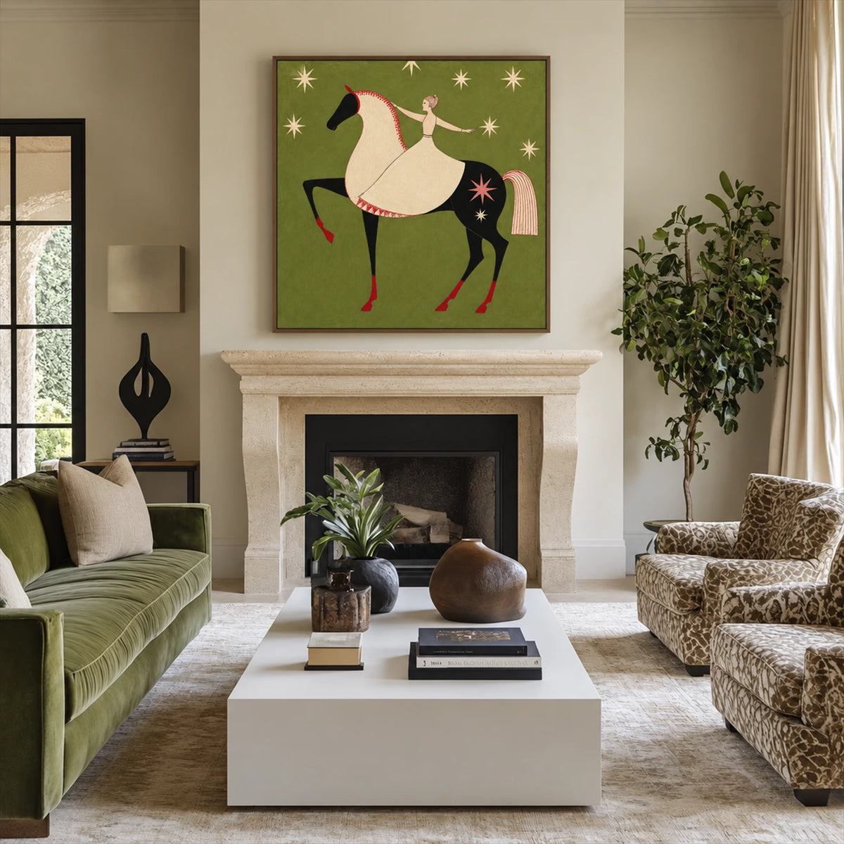 Starlit Rider painting above a fireplace beside green seating.