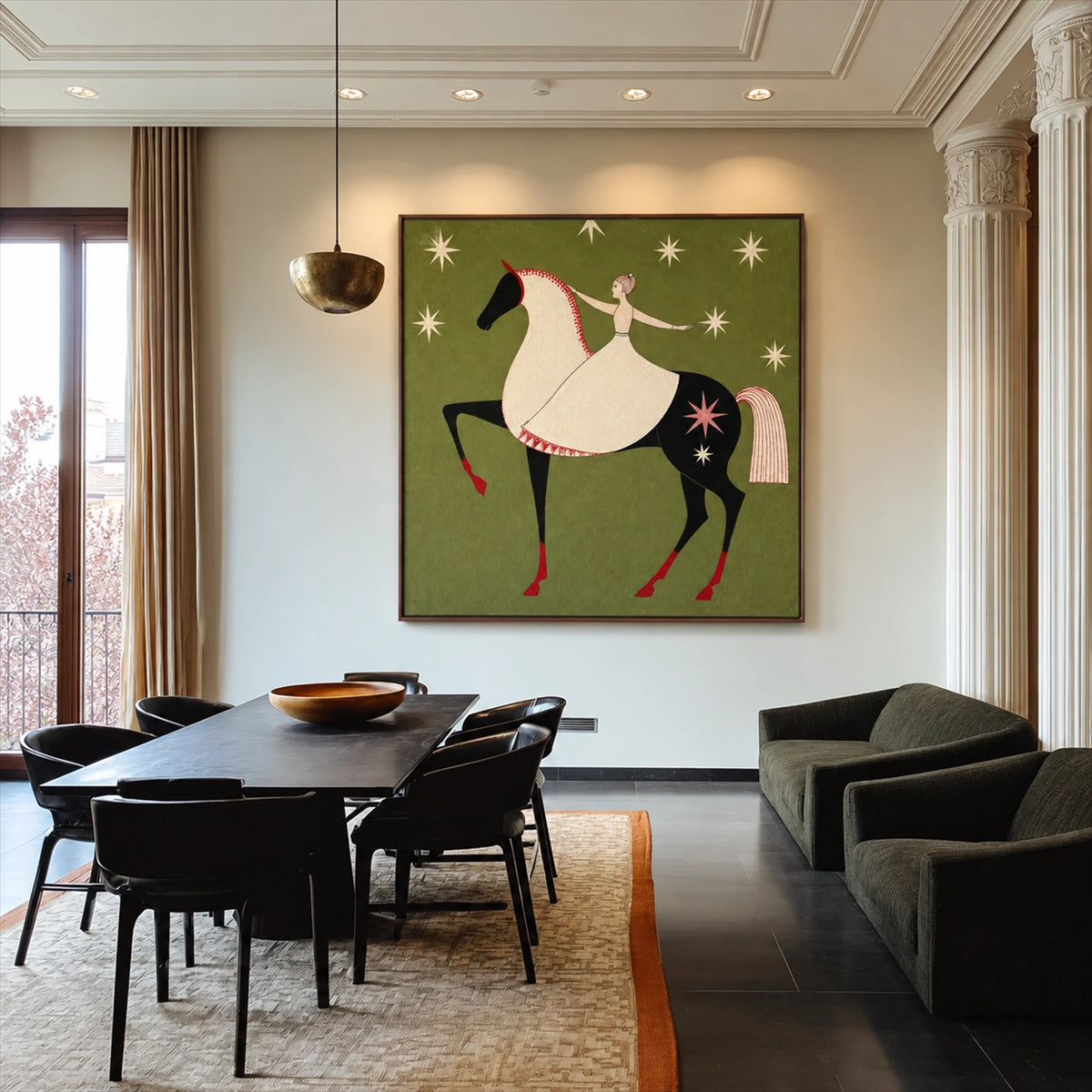 Starlit Rider painting above a dark dining table in a sunlit room.