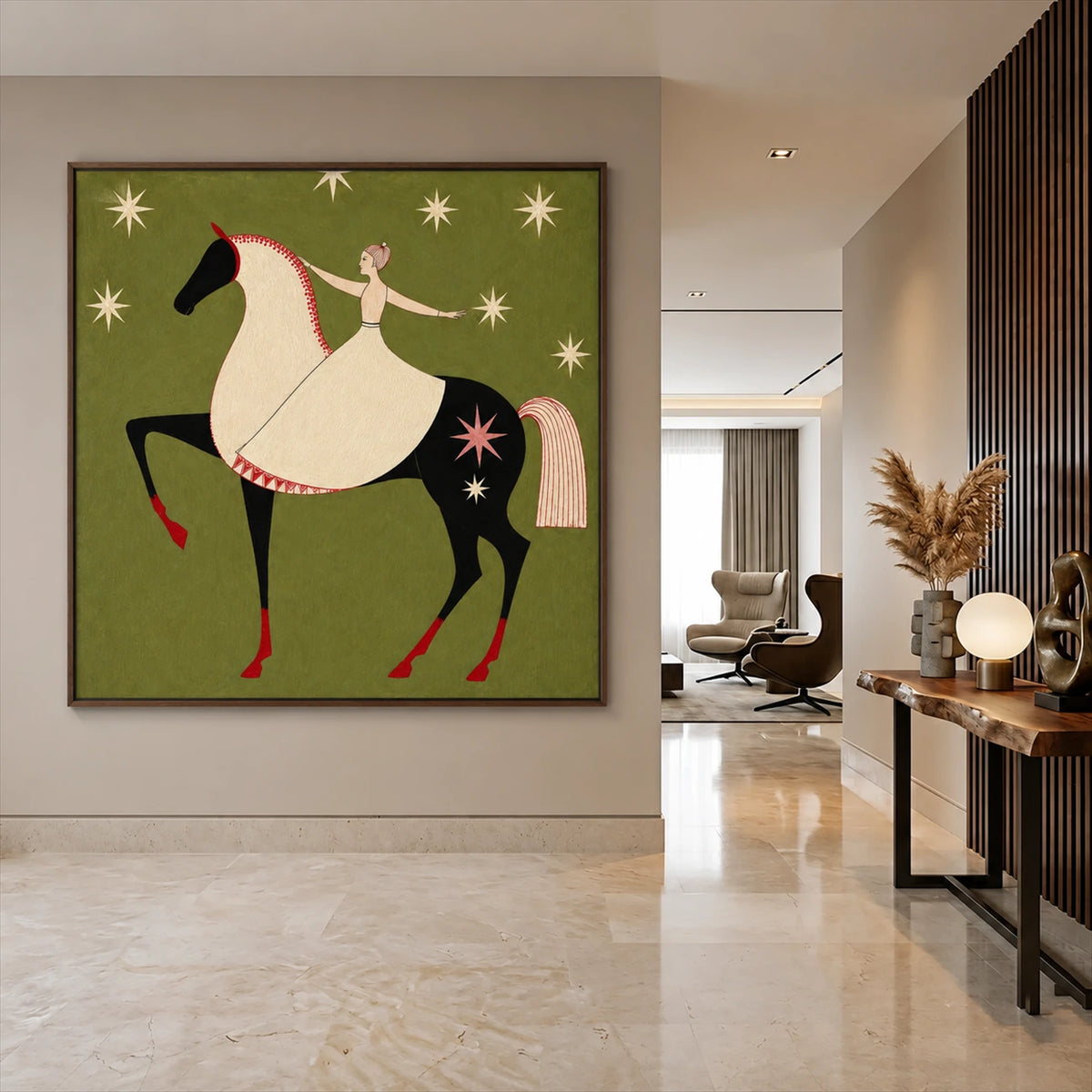 Starlit Rider painting on a pale wall in a spacious entryway.