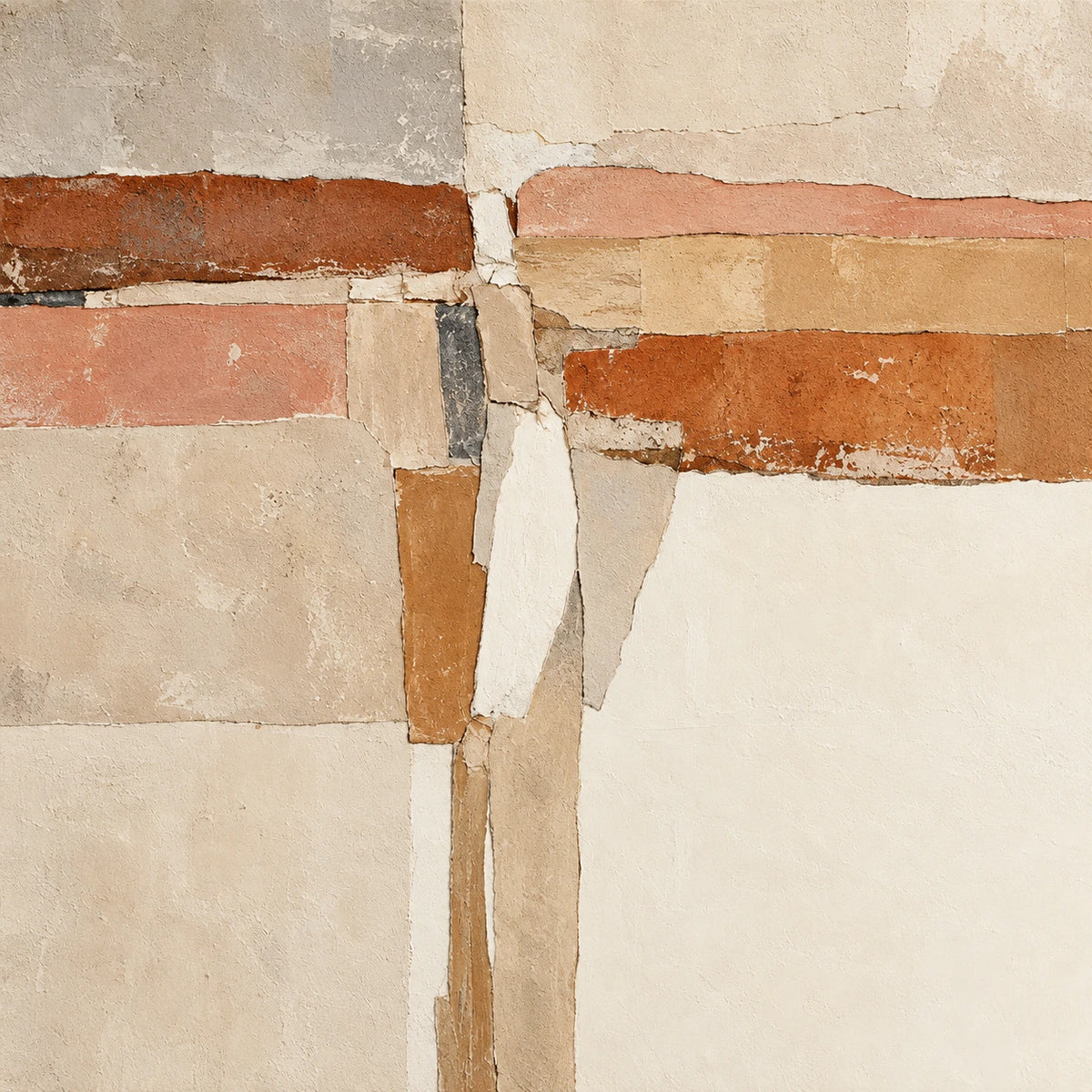 Rust, terracotta and dusty pink bands cross a quiet field of cream and sand. Full artwork without a frame.