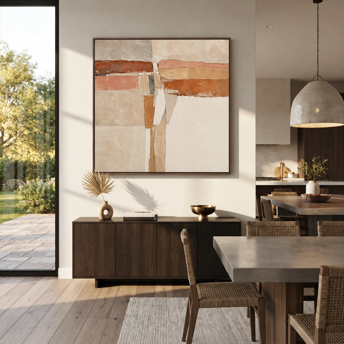Terracotta Crossing painting above a dark wooden sideboard beside a dining table.
