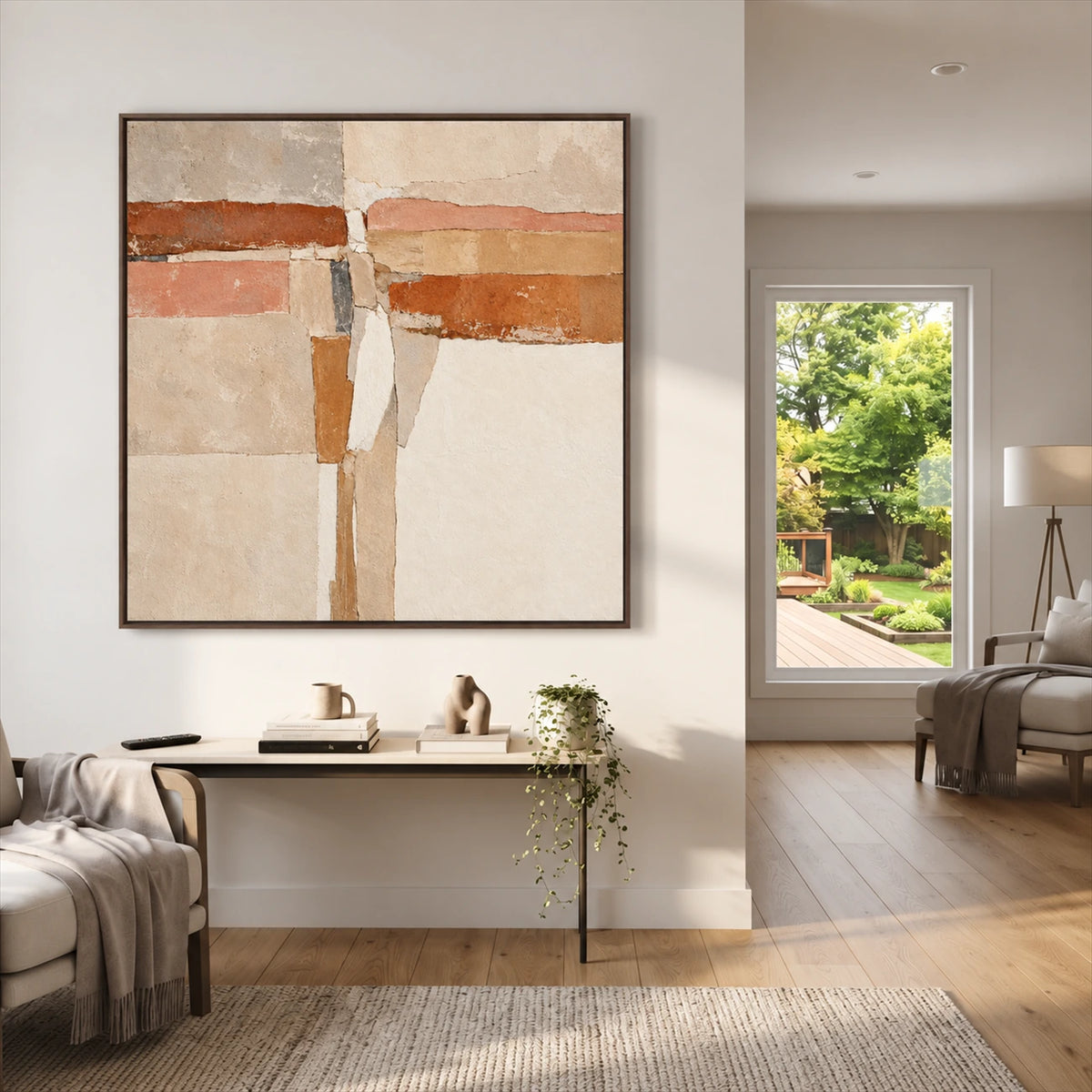 Terracotta Crossing painting above a slim console beside a garden doorway.