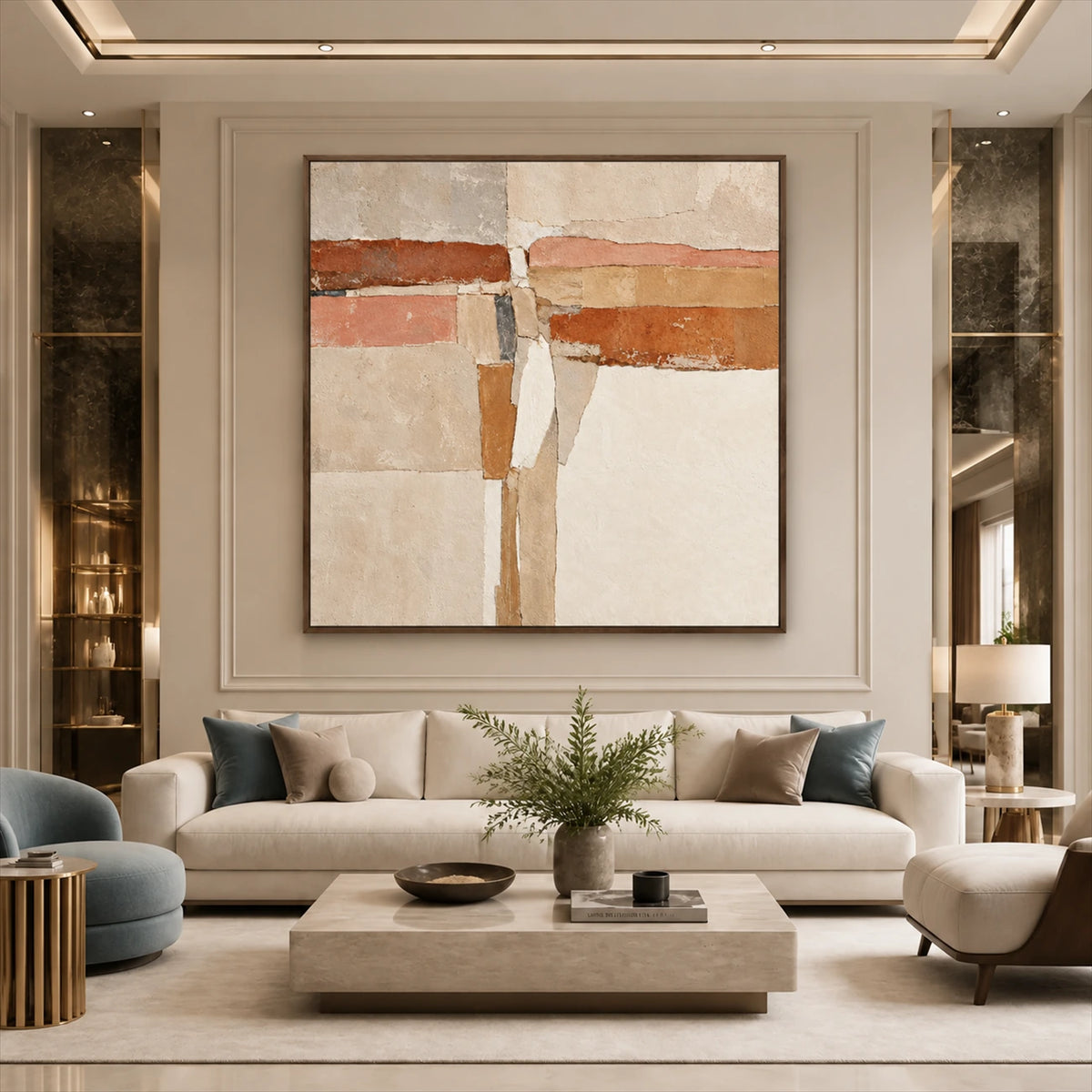 Terracotta Crossing painting above a cream sofa in a softly lit living room.