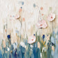 Soft pink flowers rise on delicate stems above a loose meadow of blue, green and ivory marks. Full artwork without a frame.