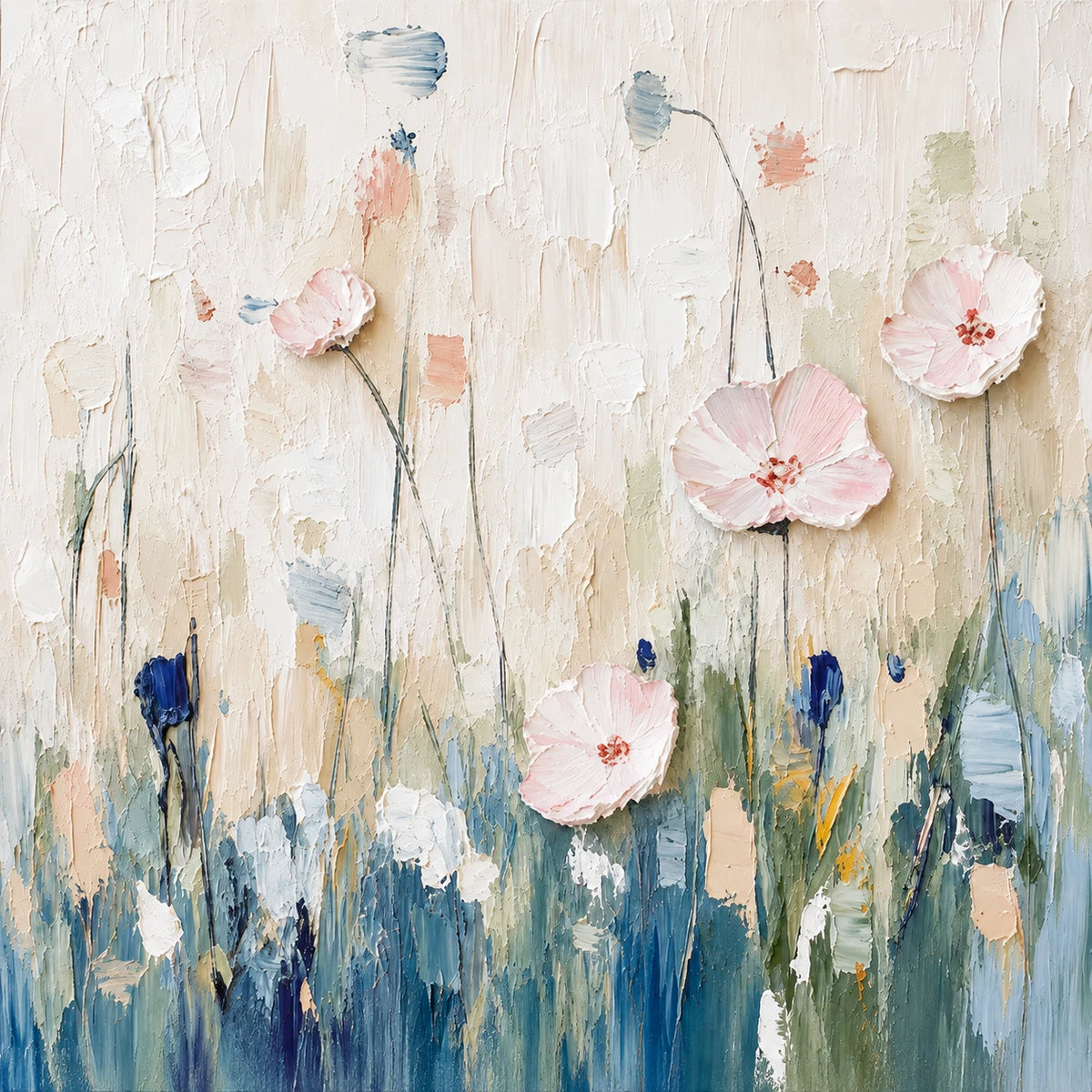 Soft pink flowers rise on delicate stems above a loose meadow of blue, green and ivory marks. Full artwork without a frame.