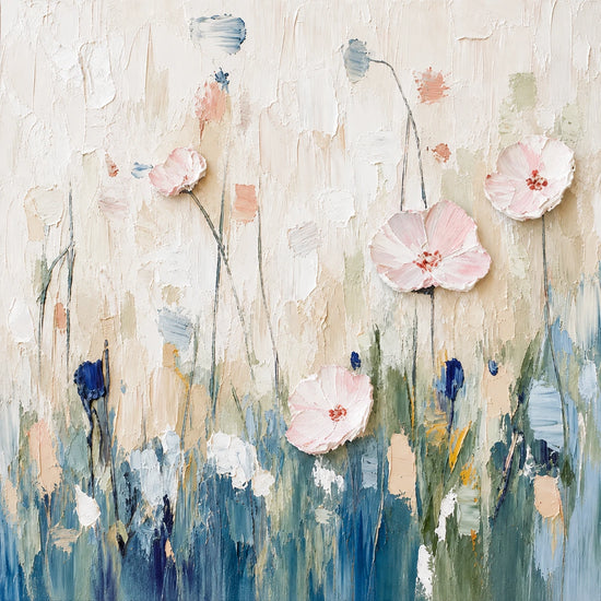 Soft pink flowers rise on delicate stems above a loose meadow of blue, green and ivory marks. Full artwork without a frame.