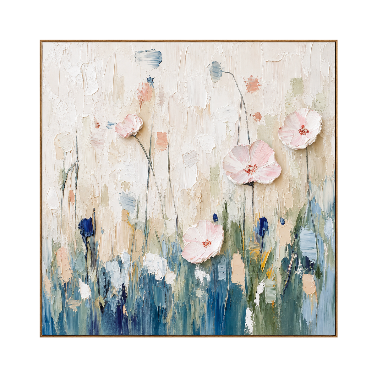 Blush Meadow square artwork in a natural wood frame on a transparent background.