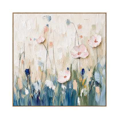 Blush Meadow square artwork in a natural wood frame on a transparent background.