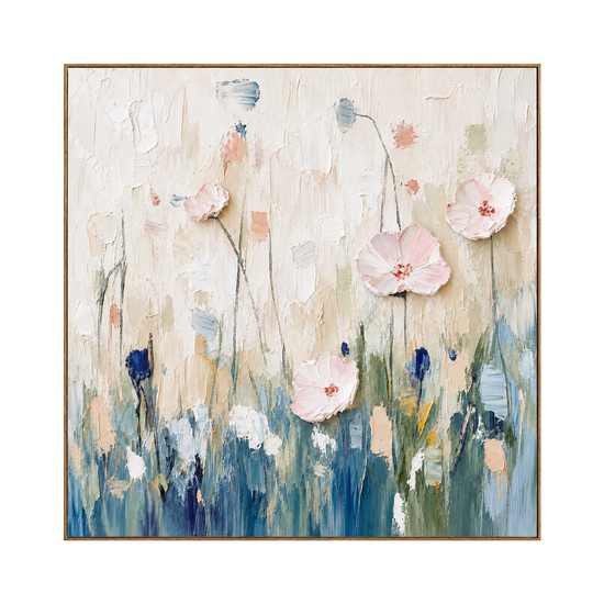 Blush Meadow square artwork in a natural wood frame on a transparent background.