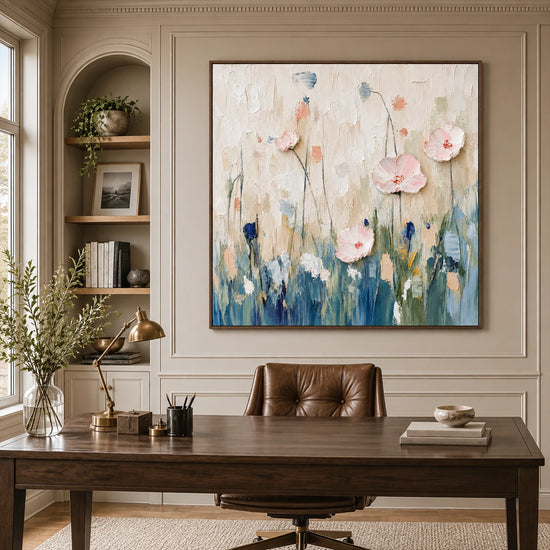 Blush Meadow painting above a wooden desk and leather office chair.
