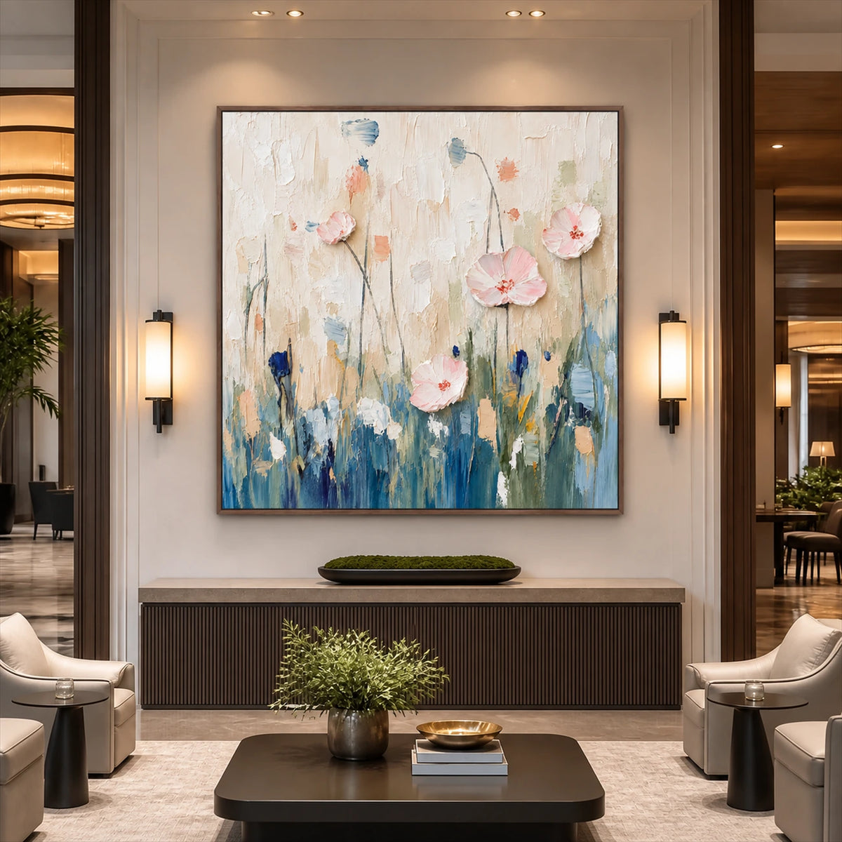 Blush Meadow painting above a dark console behind a living room coffee table.