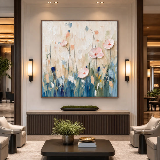 Blush Meadow painting above a dark console behind a living room coffee table.