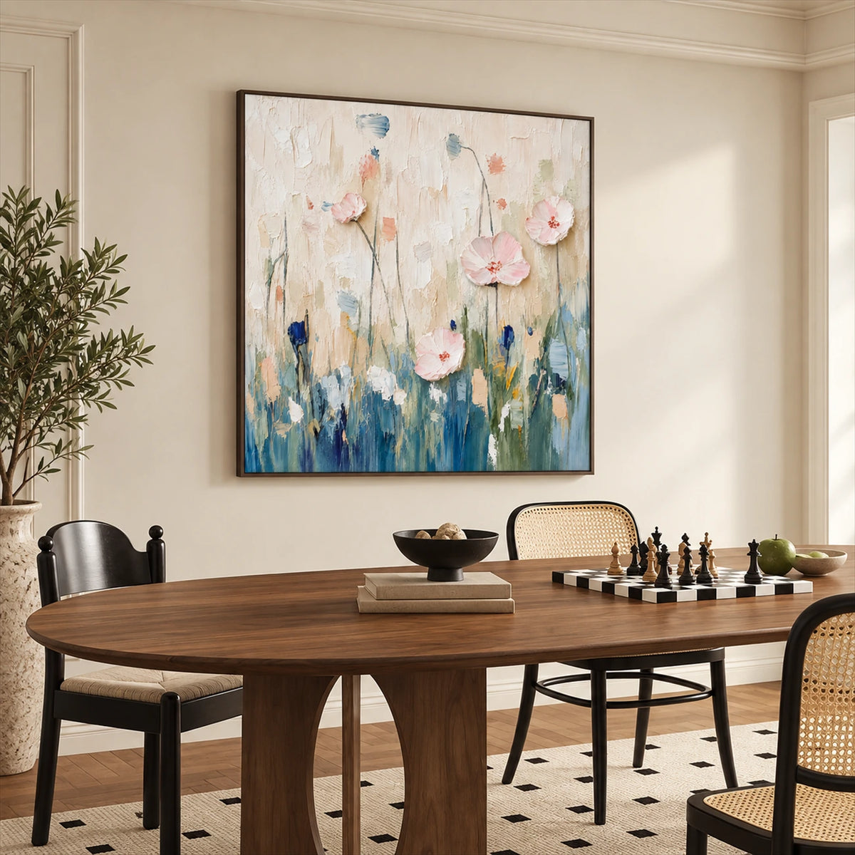 Blush Meadow painting above a wooden dining table with a chessboard.