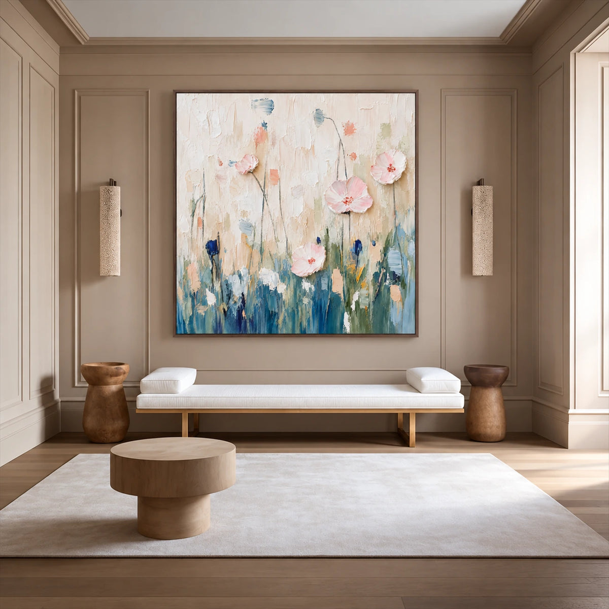 Blush Meadow painting above a pale bench in a quiet neutral room.
