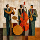 Three stylized musicians gather around a bright orange upright bass, with a trumpet, saxophone and rounded drums completing the scene. Full artwork without a frame.