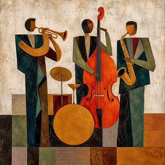 Three stylized musicians gather around a bright orange upright bass, with a trumpet, saxophone and rounded drums completing the scene. Full artwork without a frame.