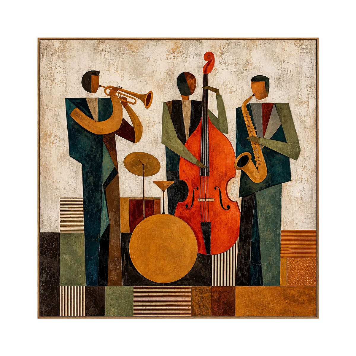 Amber Ensemble square artwork in a natural wood frame on a transparent background.