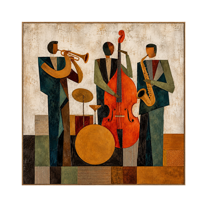 Amber Ensemble square artwork in a natural wood frame on a transparent background.
