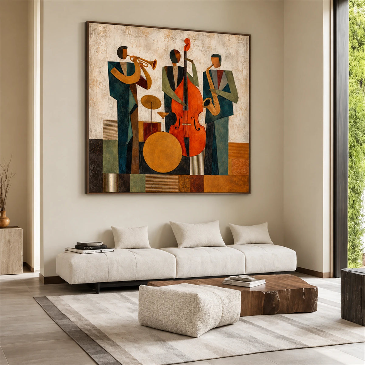 Amber Ensemble painting above a cream sofa and sculptural wooden tables.