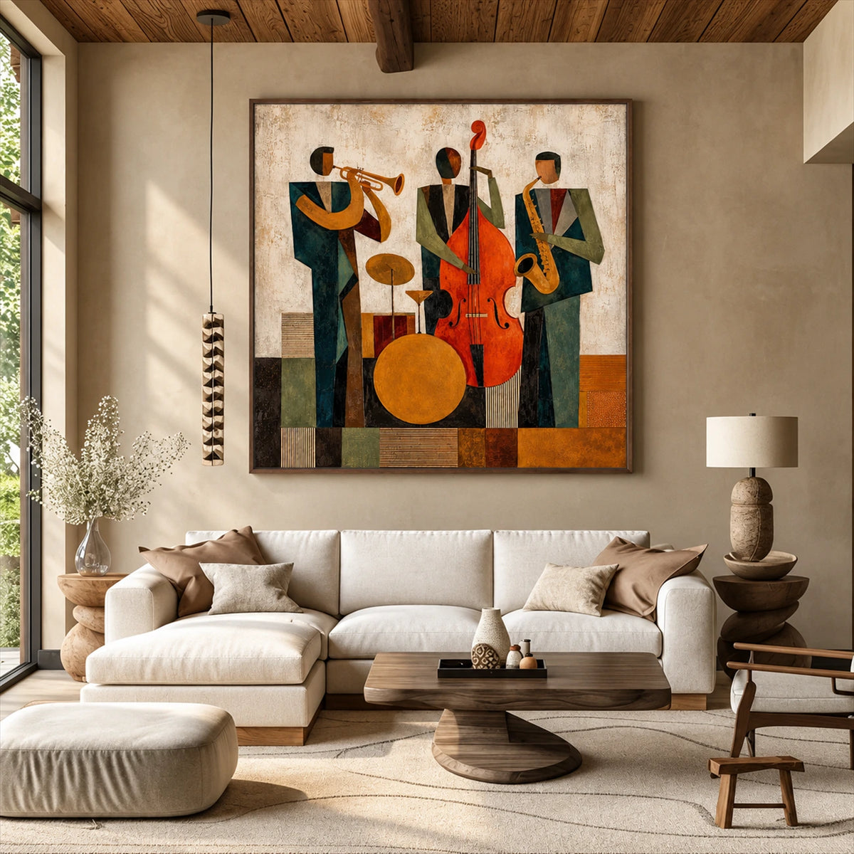 Amber Ensemble painting above a cream sectional beneath exposed wooden beams.