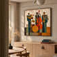 Amber Ensemble painting above a wooden sideboard beside a dining table.