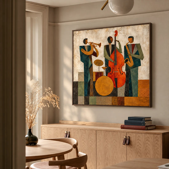Amber Ensemble painting above a wooden sideboard beside a dining table.
