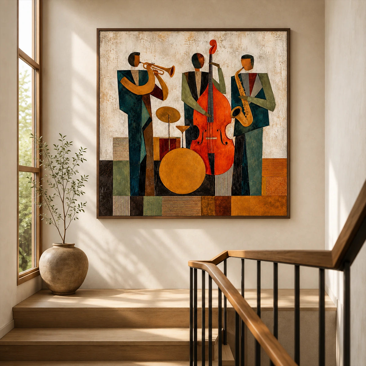 Amber Ensemble painting beside a stair railing in a sunlit entryway.