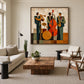 Amber Ensemble painting above a pale sofa with a wooden coffee table.