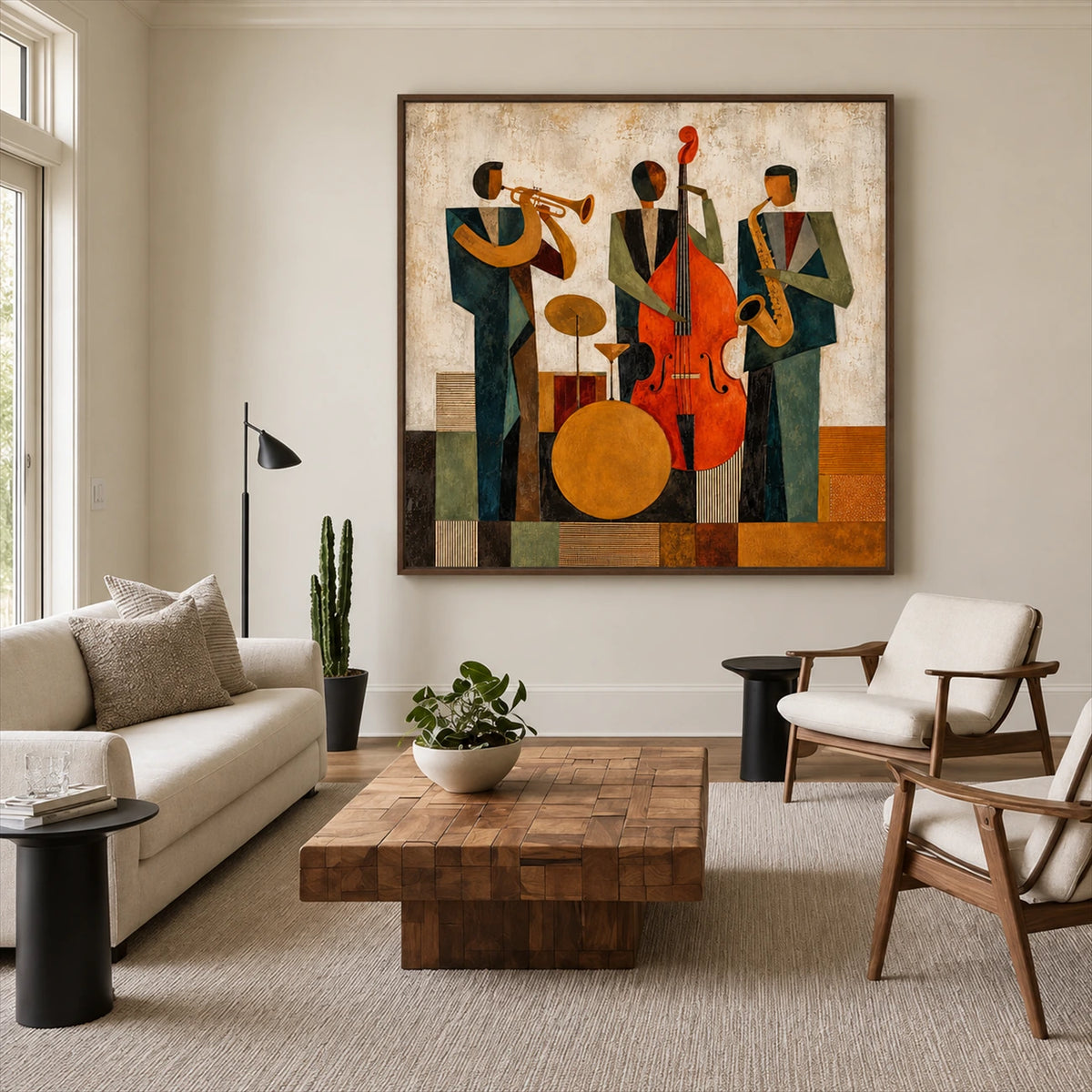 Amber Ensemble painting above a pale sofa with a wooden coffee table.