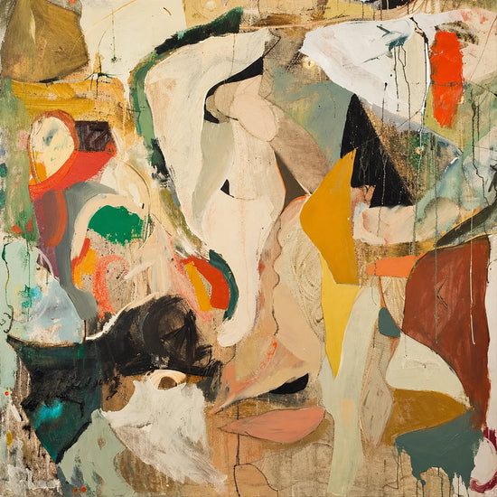 Overlapping shapes in ochre, cream, muted green and rust gather across a richly layered surface. Full artwork without a frame.