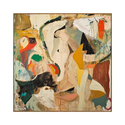 Ochre Fragments square artwork in a natural wood frame on a transparent background.